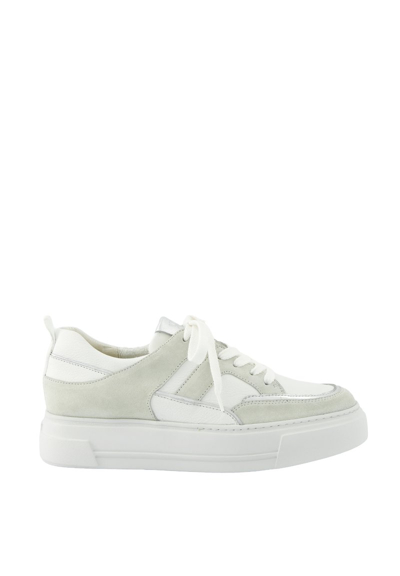White and light grey sneaker with a textured suede and smooth leather upper. Features a lace-up design and thick white sole.