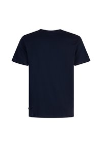 Camiseta de algodón azul marino con cuello redondo, mangas cortas y dobladillo recto. Sin patrones ni acentos visibles. Se muestra la vista trasera.
