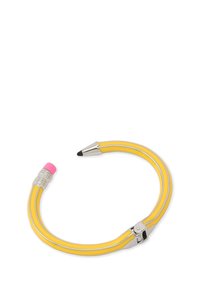 Bracelet designed as a yellow pencil, featuring a pink eraser and silver accents, including a pointed end and a clasp.