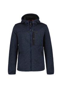 Marinblå hooded jacka med texturerad tyg, dragkedja framtill och svarta detaljer. Har två sidofickor och justerbara dragsnören.