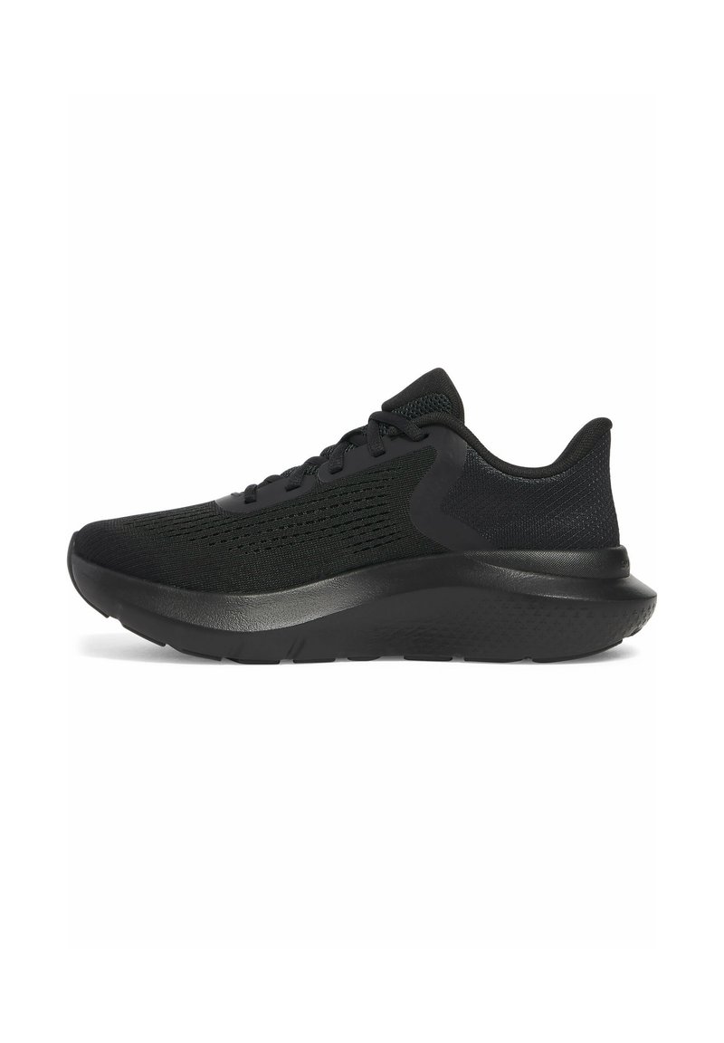 Black athletic shoes made of breathable mesh with contrasting textured accents, lace-up design, and a cushioned sole for comfort.