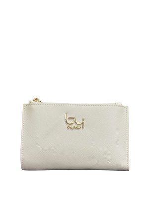 Piccolo portafoglio beige strutturato con zip dorata ed emblema del logo "byblos" dorato sul davanti.