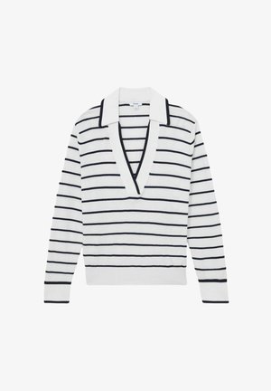 Valge pikkade varrukatega kampsun mustade horisontaalsete triipudega, sügava V-kaelusega ja laia kraega.