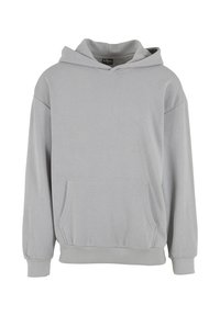 Gray hooded sweatshirt made from soft fabric, featuring a front pocket, ribbed cuffs, and hem, with a relaxed fit and no visible patterns.