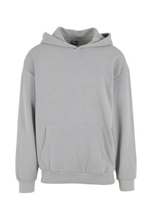 Gray hooded sweatshirt made from soft fabric, featuring a front pocket, ribbed cuffs, and hem, with a relaxed fit and no visible patterns.