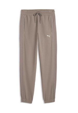 Pantalon de survêtement Puma couleur taupe avec taille élastique, cordon de serrage, poches latérales, logo blanc sur la cuisse droite et poignets élastiques resserrés.