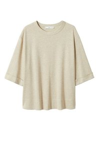 T-shirt en coton beige rendu, avec une coupe ample, un col rond et des manches courtes, présentant une texture lisse et un design minimaliste.
