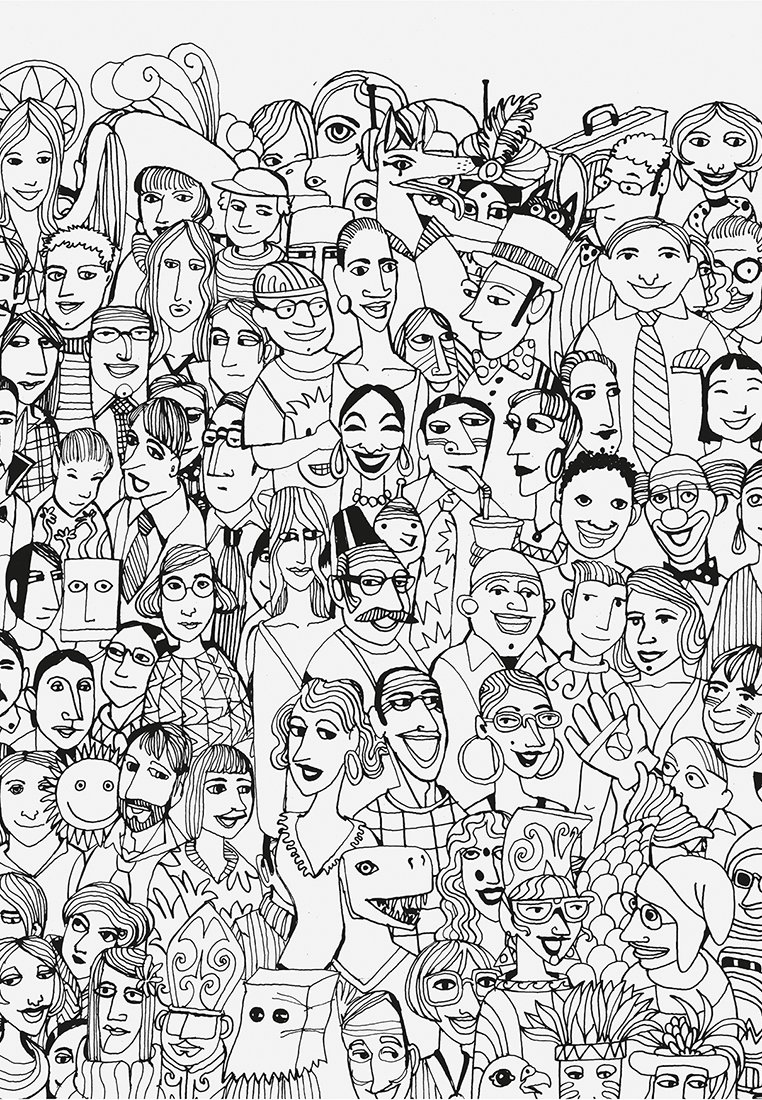 Czarnobiała ilustracja przedstawiająca liczne twarze w stylu kreskówkowym, z różnorodnymi wyrazami twarzy, fryzurami i akcesoriami, ukazująca różnorodne projekty postaci.