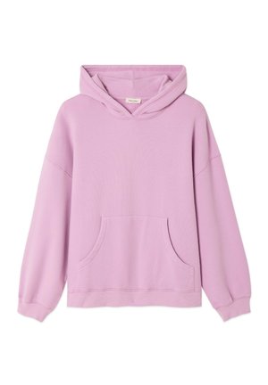 Lila Pullover-Hoodie mit Kängurutasche vorne, langen Ärmeln und gerippten Bündchen, auf weißem Hintergrund dargestellt.