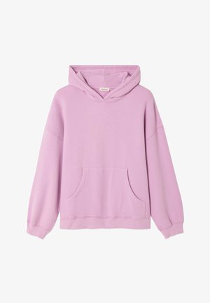 Lavendlivärvi pullover kapuutsiga, ees tasku känguru stiilis, pikkade varrukatega ja soonikkoes varrukaotstega, valgel taustal eksponeeritud.