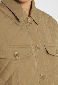 Gequilted jack in bruin met een gladde afwerking, voorzien van een puntige kraag, twee borstzakken en grote knopen voor sluiting.