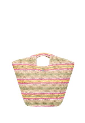 Geweven stro handtas met roze, gele en groene horizontale strepen. Inclusief stevige handvatten en een zilveren accentdetail.