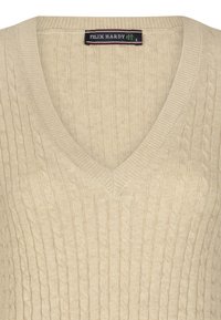 Beige kabelgebreide V-hals trui met geribbelde kraag en het maat S label van Felix Hardy op de hals.