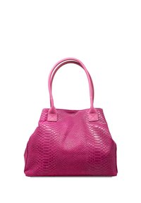 Borsa a tracolla rosa con un motivo testurizzato in pelle di serpente. Presenta due manici robusti e cuciture decorative alla base dei manici.