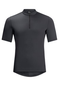 Maglietta sportiva a maniche corte di colore grigio scuro con colletto alto e una piccola cerniera. Realizzata in un tessuto liscio e texturizzato con orlo leggermente curvo.