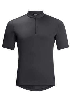 Korte mouw, donkergrijs sportshirt met een hoge kraag en een kleine rits. Gemaakt van een gladde, gestructureerde stof met een licht gebogen zoom.