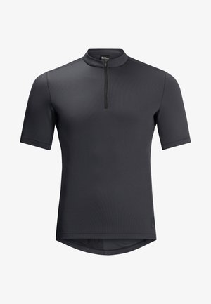 Camisa atlética de manga curta, cinza escuro, com um colarinho alto e um pequeno fecho éclair. Feita de um tecido liso e texturizado, com uma barra ligeiramente curvada.