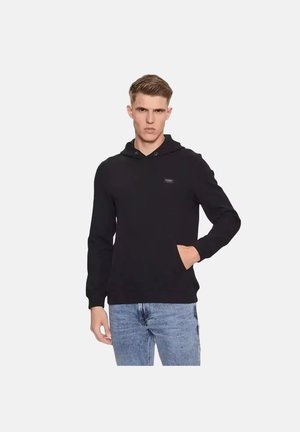 Felpa nera in cotone, con tasca frontale, cappuccio regolabile con cordoncino e un piccolo logo sul petto. Vestibilità casual.