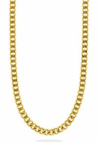 Collana in oro con grandi anelli intrecciati e finitura lucida. Texture liscia e design uniforme lungo tutta la lunghezza.