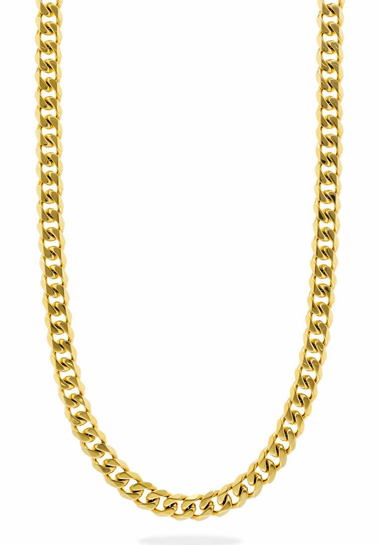 Collana in oro con grandi anelli intrecciati e finitura lucida. Texture liscia e design uniforme lungo tutta la lunghezza.