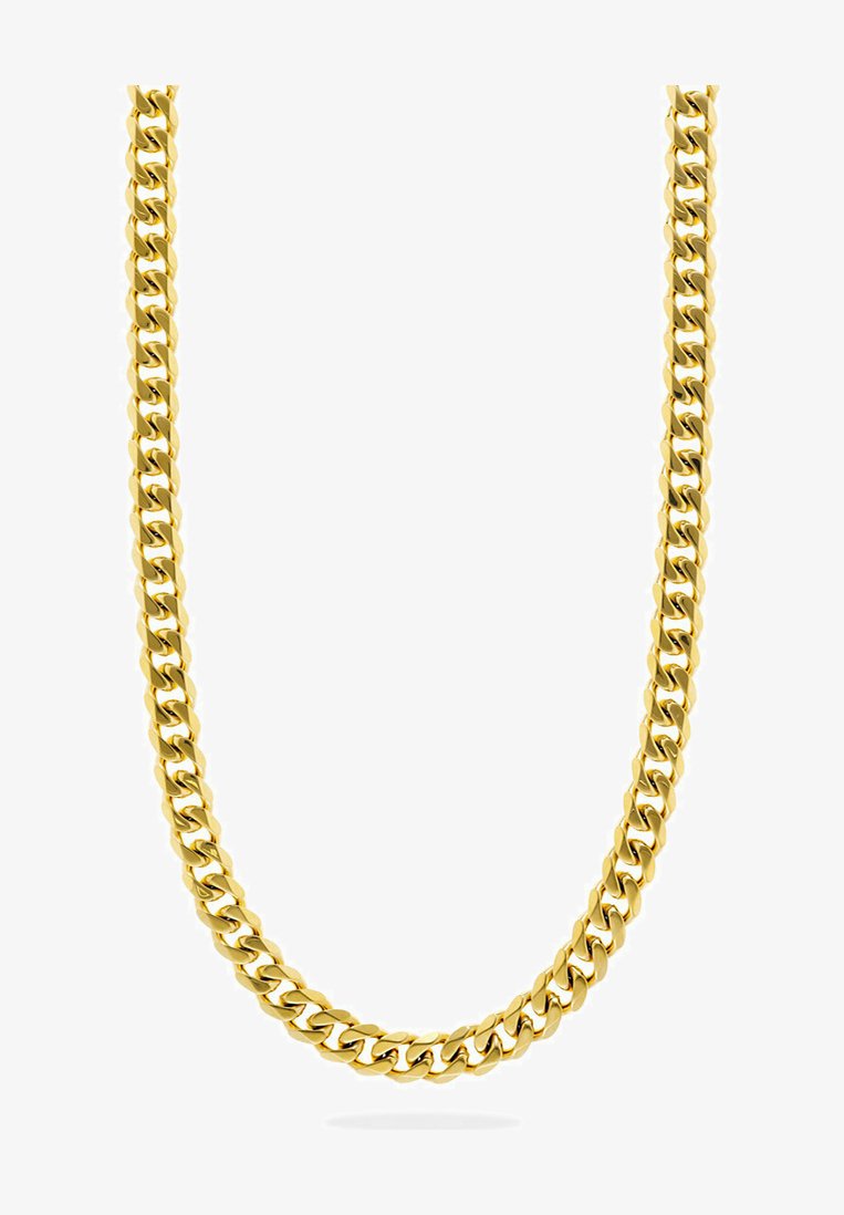 Collana in oro con grandi anelli intrecciati e finitura lucida. Texture liscia e design uniforme lungo tutta la lunghezza.