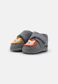 Gray felt slippers with a velcro strap, featuring lion face appliqués in yellow and orange. Rounded shape, soft texture, and non-slip sole.
