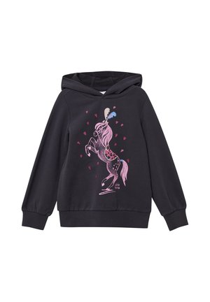 Dunkelgrauer Kapuzenpullover mit einem bunten Einhorn-Design. Verfügt über eine Kapuze mit Kordelzug, gerippte Bündchen und Saum sowie Herzdetails rund um das Einhorn.
