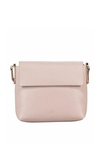 Sac bandoulière en cuir rose avec fermeture à rabat, design minimaliste, surface texturée et bandoulière amovible. Présente un marquage discret.