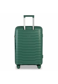 Maleta dura verde con un diseño acanalado, mango retráctil plateado y cuatro ruedas para mayor movilidad. Cuenta con cierre de cremallera y asas laterales.