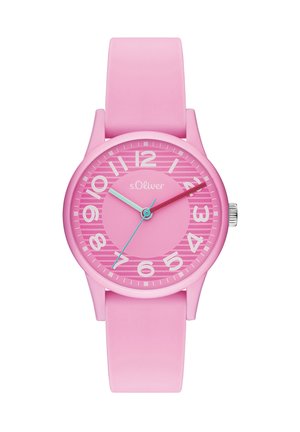 Pink wristwatch with white numbers, striped dial, turquoise hour and second hands, burgundy minute hand, and pink silicone strap.