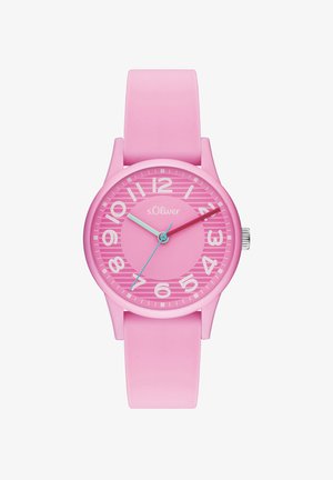 Roze polshorloge met witte cijfers, gestreepte wijzerplaat, turquoise uur- en secondewijzers, bordeauxrode minutenwijzer en roze siliconen band.