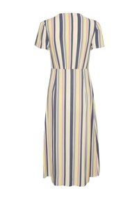 Robe rayée avec des manches courtes, une taille cintrée et une jupe évasée. Les couleurs incluent le marine, le jaune et le rose sur un fond crème.