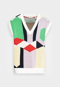Jersey de punto con cuello en V, que presenta patrones geométricos en verde, rojo, lavanda, negro y crema, con mangas cortas y tejido texturizado.