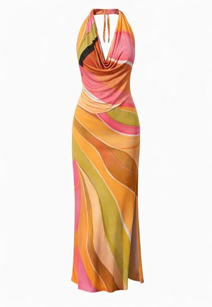 Robe maxi sans manches à col licou avec un décolleté drapé dans un motif tourbillonnant rose, orange, jaune, vert et marron.