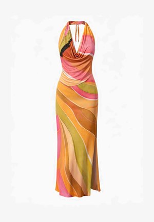 Robe maxi sans manches à col licou avec un décolleté drapé dans un motif tourbillonnant rose, orange, jaune, vert et marron.