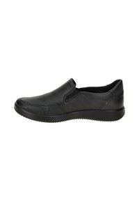 Black slip-on shoe with a textured leather upper, elastic side panels, and a durable rubber sole featuring a patterned tread.