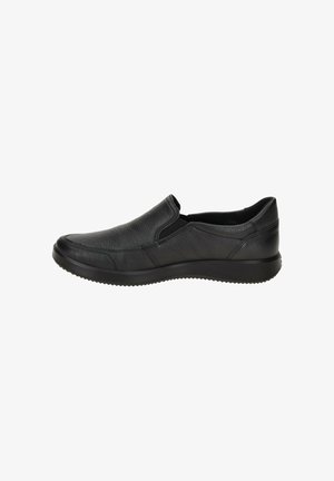 Black slip-on shoe with a textured leather upper, elastic side panels, and a durable rubber sole featuring a patterned tread.