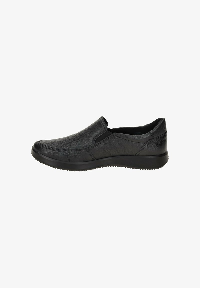 Black slip-on shoe with a textured leather upper, elastic side panels, and a durable rubber sole featuring a patterned tread.