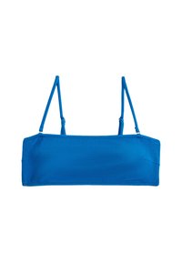 Blå bandeau bikini top med tynde justerbare stropper, tekstureret stof og sømløst design. Har en lige halsudskæring og en enkel struktur.