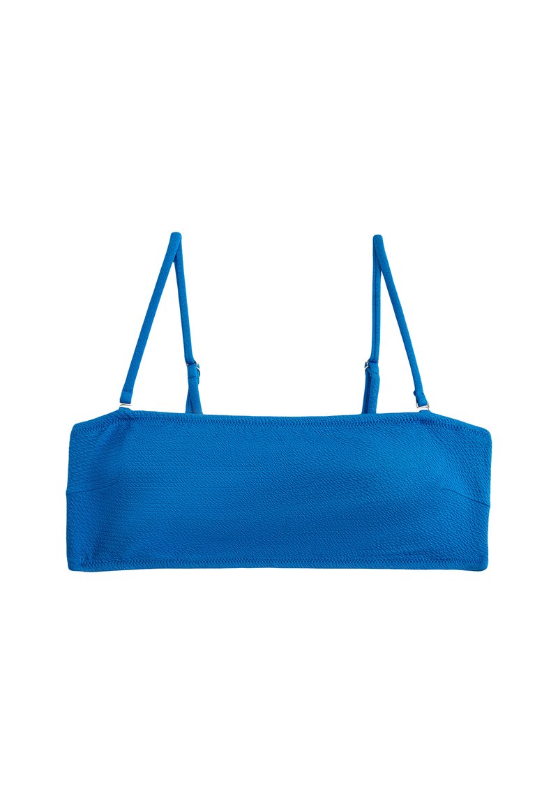 Blå bandeau bikini top med tynde justerbare stropper, tekstureret stof og sømløst design. Har en lige halsudskæring og en enkel struktur.