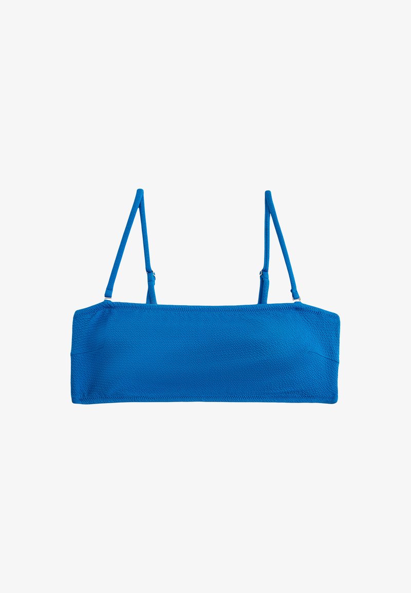 Niebieski biustonosz bikini bandeau z cienkimi regulowanymi ramiączkami, teksturowany materiał i bezszwowy fason. Posiada prosty dekolt i minimalistyczną strukturę.