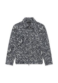 Moška jakna z dolgimi rokavi, ovratnikom in zadrgo, ki se ponaša z abstractnim cvetličnim vzorcem v modro-sivi in beli barvi.