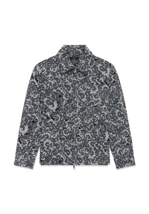 Muška jakna dugih rukava s kragnom i zatvaranjem na rajsferšlus, koja sadrži apstraktni cvjetni uzorak u plavoj, sivoj i bijeloj boji.