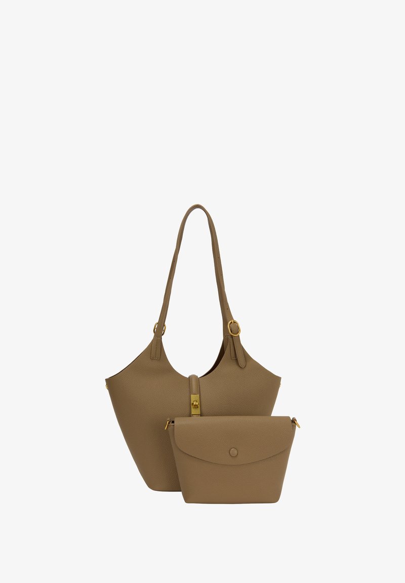 Brązowa torba skórzana z fakturą, z dwoma uchwytami i odpinaną mniejszą torbą. Złote akcenty w hardware i zapięcie na klapkę.