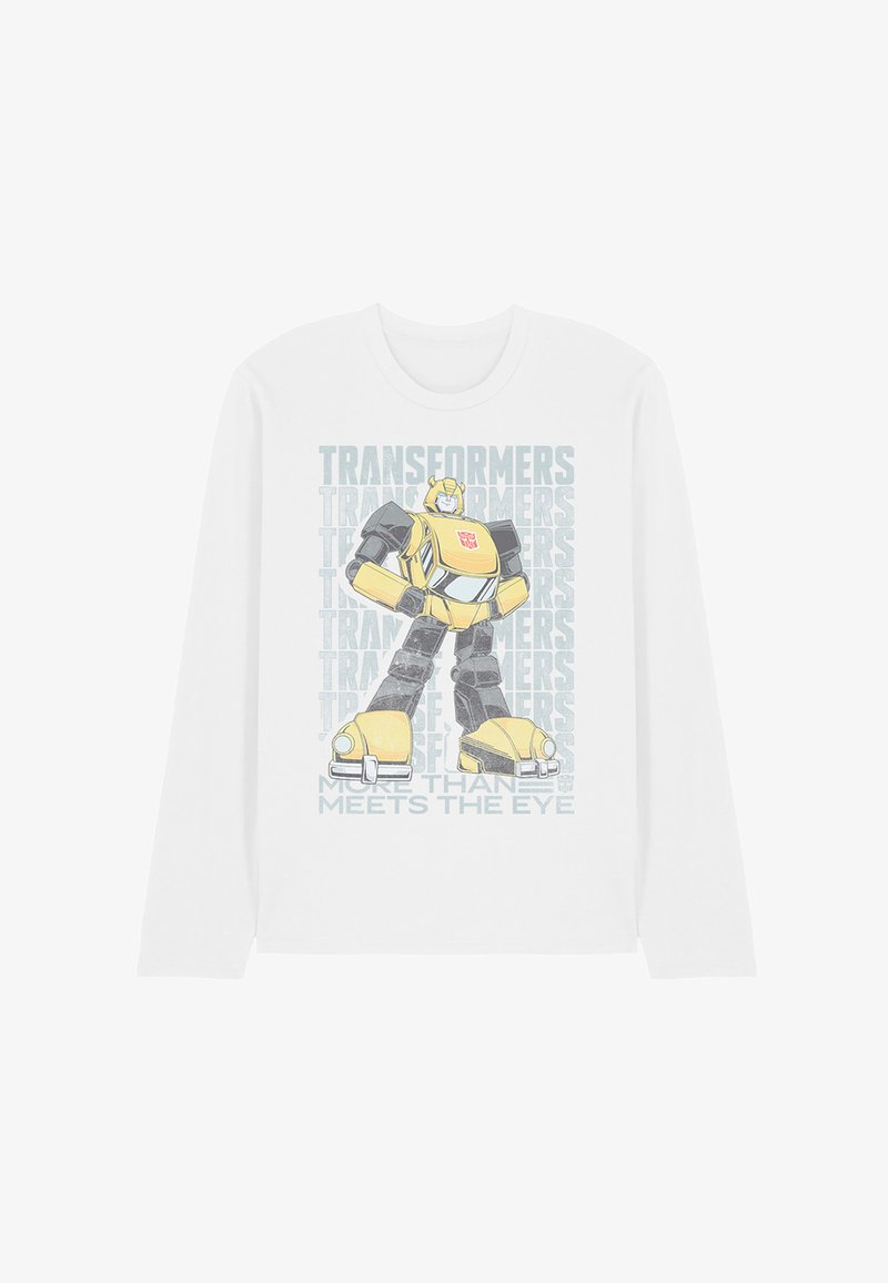 Langärmliges weißes T-Shirt mit einem gelben Roboter-Graphic, grauen Akzenten und dem Text "Transformers" sowie "More Than Meets the Eye."