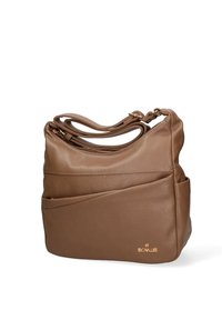 Borsa a mano in pelle marrone con finitura testurizzata, dotata di doppio manico e design con tasca frontale. Dettaglio del logo dorato sul lato.