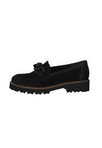 Schwarze Wildleder-Loafer mit einem dekorativen Knotendetail auf dem Obermaterial. Verfügt über eine klobige, strukturierten Sohle mit einem hellbraunen Rand.