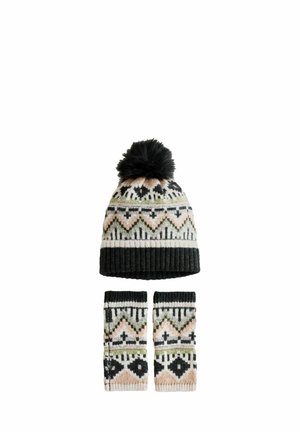 Mustritud müts ja sobivad käerätikud mustas, kreemis, rohelises ja roosas, sisaldades geomeetrilisi mustreid ning mütsi peal on must pom-pom.