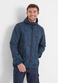 Navy blue zip-up jacket with a textured, abstract pattern, adjustable hood, elastic cuffs, and two side pockets. Lightweight and casual fit.