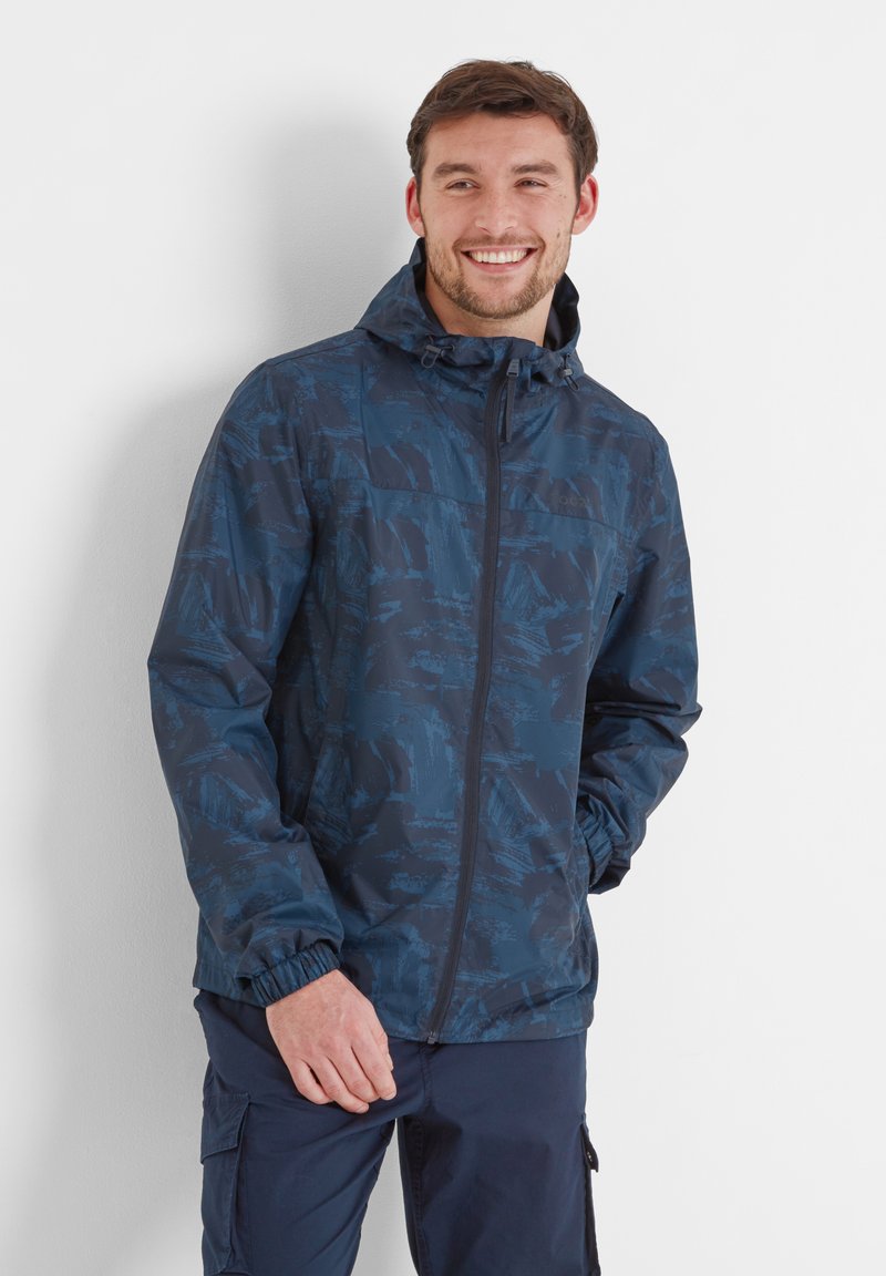 Navy blue zip-up jacket with a textured, abstract pattern, adjustable hood, elastic cuffs, and two side pockets. Lightweight and casual fit.
